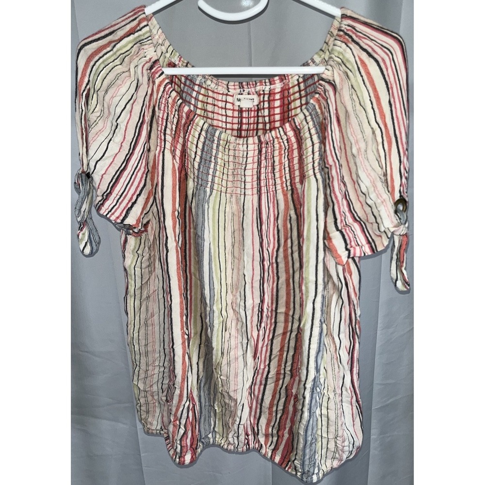 Westport Striped Blouse XL Multicolor Rayon Elastic Waist Tie Sleeve Casual Top